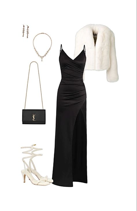 Elegant Outfit Idea, outfit idea, elegant, glamour, rich, fashion, black dress, ysl bag, ysl, fur jacket, gold jewlery, gold necklace, gold earings, white heels, gala outfit, long dress, dior, chanel, fashion week, dress,heels, earings, purse Ysl Outfit Ideas, Ysl Heels Outfit Dress, Ysl Black Dress, Ysl Outfits Women, Heels Outfits Dress, Ysl Outfit, Chanel Fashion Week, Black Glitter Dress, Ysl Dress