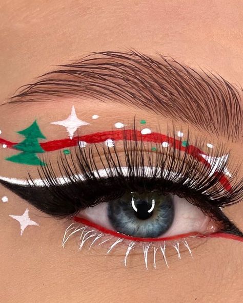 Christmas eyeshadow look: red and white line Christmas Makeup Art, Reindeer Makeup, Christmas Eyeshadow Looks, Holiday Eye Makeup, Xmas Makeup, Christmas Eyeshadow, Christmas Eye Makeup, Christmas Makeup Look, Kajal Eyeliner