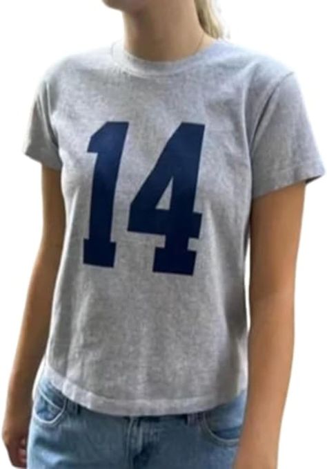 Number 14 Fitted Tee Jersey Summer Crop Top Short Sleeve Y2k Shirt Graphic Baby Tee Women (Grey,M,Medium) at Amazon Women’s Clothing store Crop Top Short Sleeve, Summer Crop Top, Graphic Baby Tee, Baby Graphic Tees, Summer Crop Tops, Fitted Tee, Gift List, Amazon Women, Crop Shirt