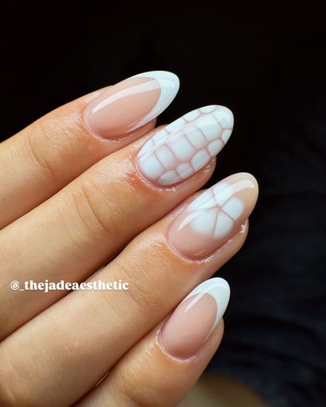 this set was literal perfection, 🤩 i have to say even tho it’s not super crazy art like i’ve done before, this has to be one of my best works ❤️ swipe to see every angle of these white blooming gel nails, from the apex and shape to a close up of that french tip! ✨ gel fill on natural nails w/ hand painted nail art <3 @stellar_gel - stellar bond - hard structure gel natural - stellar white - stellar blooming gel - stellar shine top @dndgel - dnd 871 how do u neutral? @the_gelbottle_inc ... White Designed Acrylic Nails, White Gel X Nails With Design, White Chrome With Design, Winter Nails Blooming Gel, Chrome And Blooming Gel Nails, Gel X Nail Designs Blooming Gel, Blooming Gel And Chrome Nails, Gel X Nails Blooming Gel, Gel X Nails For Beginners