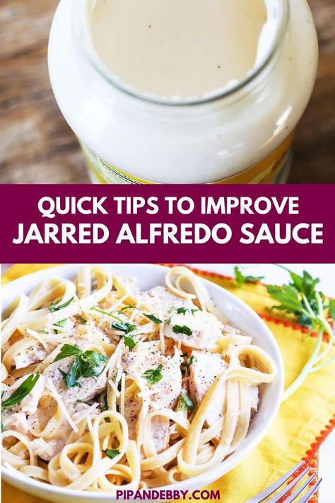 Collage of jar of alfredo sauce at top and bowlful of chicken alfredo at bottom.