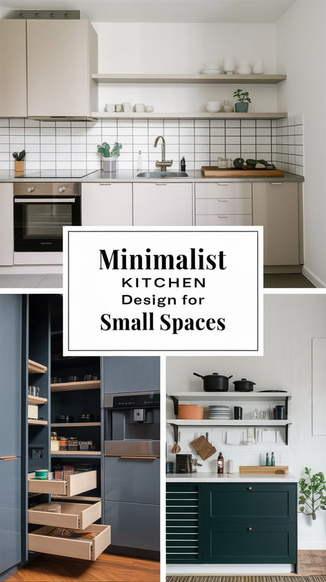 Perfect your small kitchen with minimalist design ideas that maximize space and style. From sleek storage solutions to simple decor tips, transform your compact kitchen into a clutter-free oasis. #MinimalistKitchen #SmallSpaceDesign #ModernKitchen Small Kitchen Ideas No Island, 300 Sq Ft Kitchen, Modern Compact Kitchen Design, Modern Kitchen Design For Small Spaces, Efficiency Kitchens Small Spaces, Small Minimalist Kitchen Ideas, Small Kitchen Inspo Modern, Micro Kitchen Ideas Tiny Living, Modern Kitchen Small Space