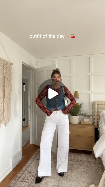 Tiffani Harvey on Instagram: "loving this color combo. 🍒🤍🦋 outfit details in my bio/LTK. 🫶🏼  - - #outfitdetails #whitecargopants #whitejeansoutfit #springoutfits denim vest, white pants, cargo pants style, styling white cargos, how to style cargos" White Cargos, Denim Pants Outfit, Grad Outfits, Cargo Pants Style, White Cargo Pants, White Jeans Outfit, Pants Cargo, Pants Style, Vest White