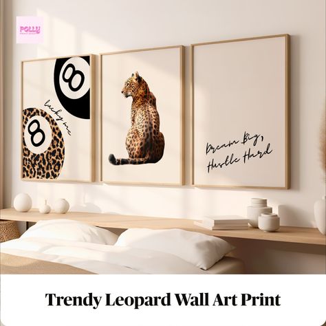 Leopard-themed wall art set for bedroom decor featuring a "Lucky Me" 8-ball design, a sitting leopard illustration, and a motivational "Dream Big, Hustle Hard" quote. Preppy Cheetah Print, 7 Pool Ball, 8 Pool Ball, Preppy Cheetah, 8 Pool, Leopard Wall Art, Leopard Wall, Pool Ball, Lucky Me