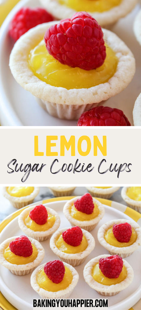 Lemon Sugar Cookie Cups, a soft sugar cookie base with lemon filling makes an easy refreshing bite size treat for Spring time! Lemon Bites, Lemon Sugar Cookie, Sweet Easy Recipes, Soft Sugar Cookie, Pillsbury Sugar Cookies, Sugar Cookie Cups, Mini Dessert Recipes, Lemon Pie Filling, Cookie Base