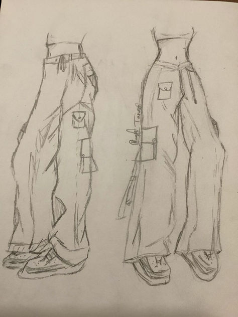 Cute Drawing Outfits, Baggy Clothes Drawing, Outfit Ideas Art Reference, Pants Drawing Reference, Cargo Outfit Ideas, Streetwear Drawing, Pants Sketch, Draw Outfits, How To Draw Pants