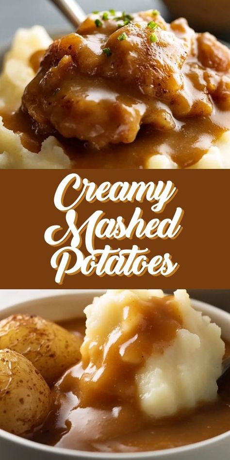 These Creamy Mashed Potatoes with Savory Gravy are the perfect side dish for any meal! 🥔🍂 Rich, buttery mashed potatoes topped with a smooth, savory gravy make this a classic comfort food everyone will love. Ideal for holiday dinners or weeknight meals. 📌 Pin this recipe to enjoy creamy mashed potatoes with delicious gravy for your next family dinner! #MashedPotatoes #ComfortFood #HolidaySides #EasySideDishes #SavoryGravy #ClassicRecipes Mashed Potatoes With Brown Gravy, Homemade Mashed Potatoes And Gravy, Toppings For Mashed Potatoes, Best Mashed Potatoes And Gravy, Thanksgiving Mashed Potatoes And Gravy, Mashed Potato Gravy Recipe, Mashed Potatoes Dinner Meals, Mashed Potatoes And Gravy Recipe, Potatoes And Gravy Recipe