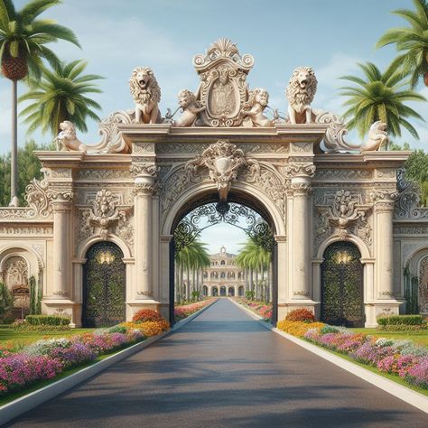 Luxury Mansions Interior Entrance, Beautiful Gates Entrance, Palace Entrance Gate, Luxury Palace Exterior, Entry Gate Design, Luxury Houses Entrance, Gate Pictures, Water Wall Fountain, Classic Facade