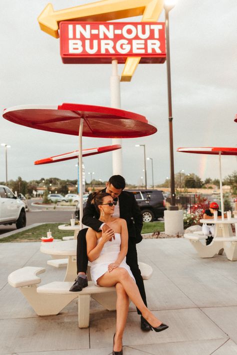 Elopement style photoshoot at in n out | cute couples photo idea In N Out Photoshoot Ideas, In N Out Burger Photoshoot, Mcdonald’s Engagement Shoot, In N Out Couple Photoshoot, Engagement Photos In N Out, Wedding In N Out, In N Out Wedding Photos, 80s Couples Photoshoot, Diner Engagement Photoshoot