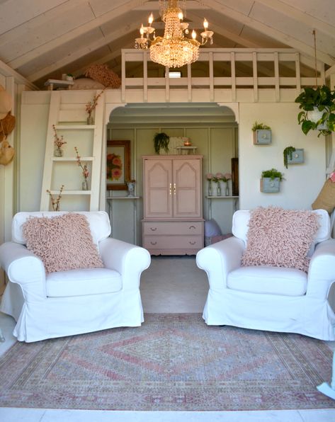 She Shed Inspiration: 12 Dreamy Spaces - Susan Said... WHAT?! Shabby Chic She Shed, She Shed Makeover, She Shed Interior Ideas, She Shed Decorating Ideas, She Shed Office, She Shed Interior, Vase Decorations, Shed With Loft, Shed Makeover