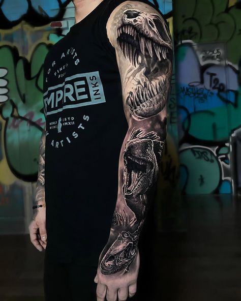 Dinosaur sleeve by Michael Perry, an artist at L.O.V.E.machine in NYC. Dinosaur Tattoo Sleeve, Rex Tattoo, Jurassic Park Tattoo, T Rex Tattoo, Dinosaur Tattoo, Dinosaur Tattoos, Best Tattoo Designs, Tattoo Sleeve, Lower Back Tattoos