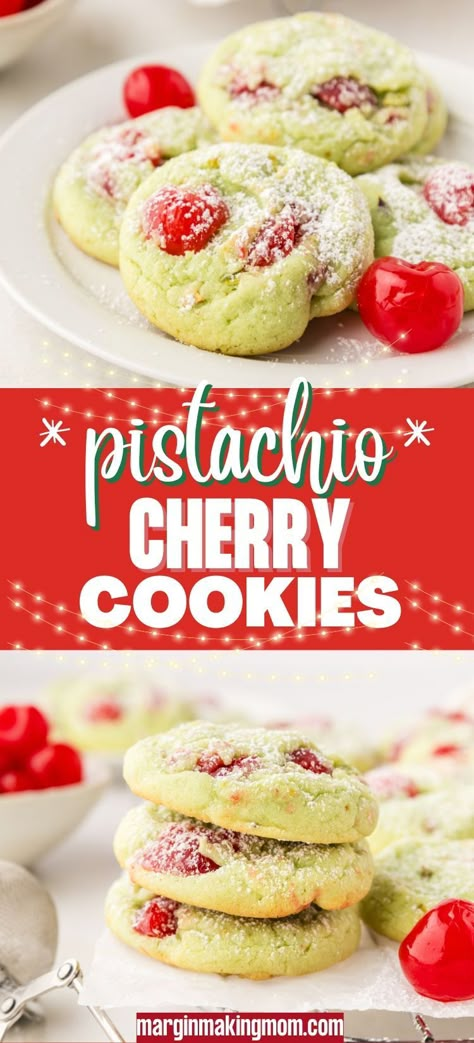 These pistachio cherry cookies are the perfect Christmas cookie recipe! They're easy to make, and the red and green colors are just so festive. Perfect for your holiday cookie exchange, a potluck, a delicious handmade gift, or for your family gatherings this Christmas season. Pistachio Pudding Christmas Cookies, Pistachio Cookies Pudding, Pistachio Cherry Bread, Pistachio Sugar Cookies, Pistachio Cherry Cookies, Pistachio Pudding Recipes, Cherry Pistachio Cookies, Christmas Pudding Cookies, Cookies With Cherries