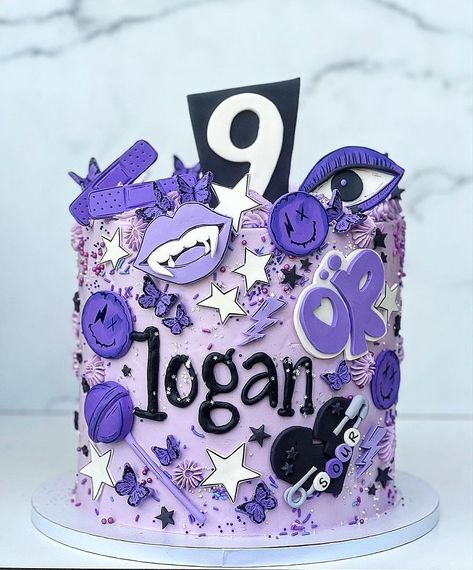 Danielle Keene Horvath | Olivia Rodrigo theme 💜🖤🍭🪪⚡️ #oliviarodrigocake #oliviarodrigo #birthdaycake #sheilamae | Instagram Olivia Rodrigo Birthday Decorations, Guts Cake Olivia Rodrigo, Olivia Rodrigo Bday Party, Olivia Rodrigo Cakes Ideas, Olivia Rodrigo Cakes Birthday, Olivia Rodrigo Birthday Party Theme, Olivia Rodrigo Themed Party, Olivia Rodrigo Party Ideas, Olivia Rodrigo Birthday Cake