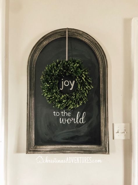 Boxwood Wreath Decor, Joy Cricut, Country Bathrooms, Farmhouse Style Lighting, Book Page Wreath, Coffee Filter Flowers, Chalkboard Decor, Christmas Chalkboard, Boxwood Wreath