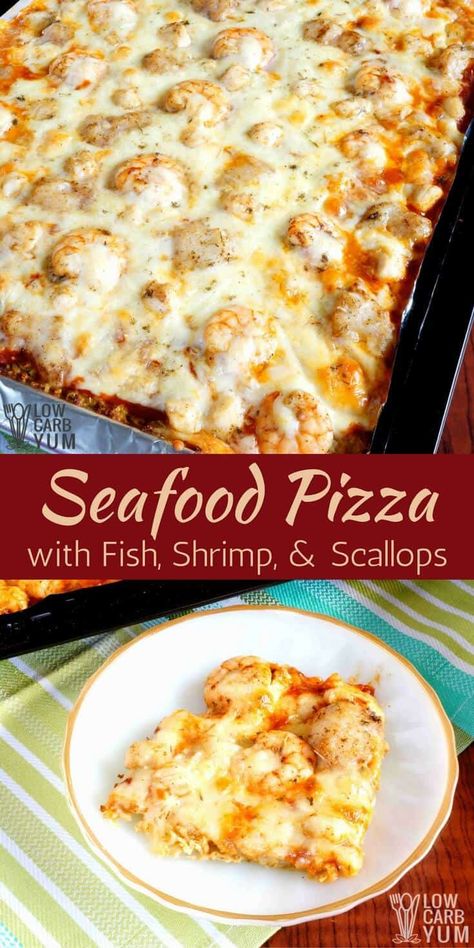 An easy to make cauliflower sheet pan pizza with fish, scallops, and shrimp. It's a seafood lover's delight and perfect for Lenten Fridays. #keto #lowcarb #ketorecipe #seafood | LowCarbYum.com via @lowcarbyum Casserole Pizza, Scallops And Shrimp, Keto Pescatarian, Pizza App, Shrimp Keto, Seafood Pizza Recipes, Sheet Pan Pizza, Keto Cabbage, Recipes Hamburger