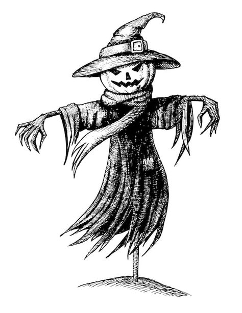 Scarecrow Tattoo, Scarecrow Drawing, Crows Drawing, Scary Scarecrow, Pumpkin Tattoo, Scary Drawings, Halloween Scarecrow, Cute Sketches, Halloween Illustration