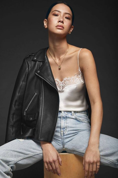 ANINE BING Nellie Camisole - Ivory Camisole Top Outfit, Camisole Outfit, Jeans And Shirt, Shirt Styling, Denim Styling, The Cool Hour, Satin Camisole, Singlet Tops, Silk Cami