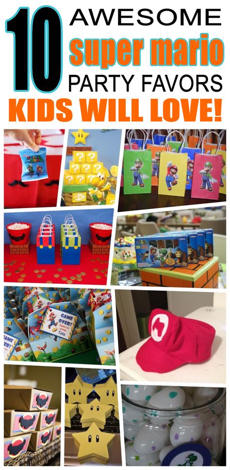 Great super mario party favors kids will love. Fun and cool super mario birthday party favor ideas for children. Easy goody bags, treat bags, gifts and more for boys and girls. Get the best super mario birthday party favors any child would love to take home. Loot bags, loot boxes, goodie bags, candy and more for super mario party celebrations. Mario Birthday Goodie Bags, Super Mario Loot Bag Ideas, Mario Party Favors, Nintendo Birthday, Super Mario Party Favors, Super Mario Brothers Party, Super Mario Brothers Birthday, Mario Brothers Birthday Party, Mario Kart Party