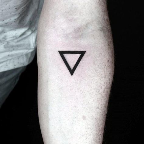 Small Minimalist Black Ink Outline Guys Triangle Inner Forearm Tattoo Triangle Tattoo Meaning, Prince Tattoo, Inner Forearm Tattoo, Kunst Tattoos, Triangle Tattoos, Tattoo Inspiration Men, Geometric Tattoo Design, Cool Small Tattoos, Small Tattoos For Guys