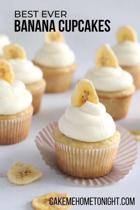 Banana cupcakes with cream cheese frosting are moist and delicious! The banana cupcakes are made with fresh, overripe bananas for great flavor. Sweet and tangy cream cheese frosting is the perfect pairing to these cupcakes. Banana Cupcakes With Cream Cheese, Banana Cream Cupcakes, Banana Bread Cupcakes, Banana Cream Pie Cupcakes, Banana Frosting, Banana Cake Recipe Easy, Banana Cupcakes, Cupcakes With Cream Cheese Frosting, Banana Cake Recipe