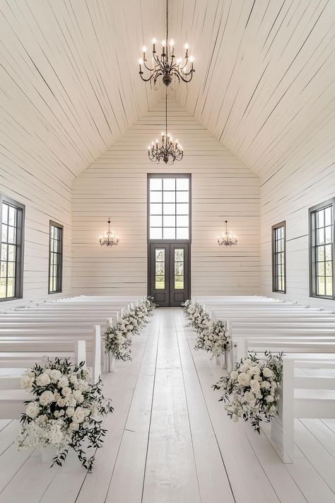 White chapel with chandeliers and floral arrangements. Get enchanted by wedding decor ideas that remain elegant across the ages while impressing even the pickiest Aunt Mildred. Simple Chapel Wedding Decor, White Wedding Venue Ideas, Chapel Wedding Decor, White Church Wedding, Simple Church Wedding, Timeless Wedding Decor, Floral Archway, Twinkle String Lights, White Chapel