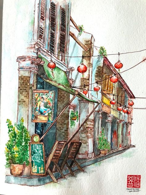 Water Colour Sketch, Malaysian Art, Book Vibe, Ipoh Malaysia, Heritage Building, Composition Painting, Watercolor Home, Sketch Journal, Asian Architecture