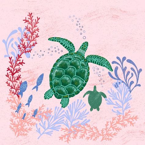 Sea Turtle Desktop Wallpaper, Beachy Widgets, Sea Turtle Illustration, Climate Art, Sea Turtle Wallpaper, Beachy Prints, Turtle Wallpaper, Ocean Drawing, Ocean Illustration