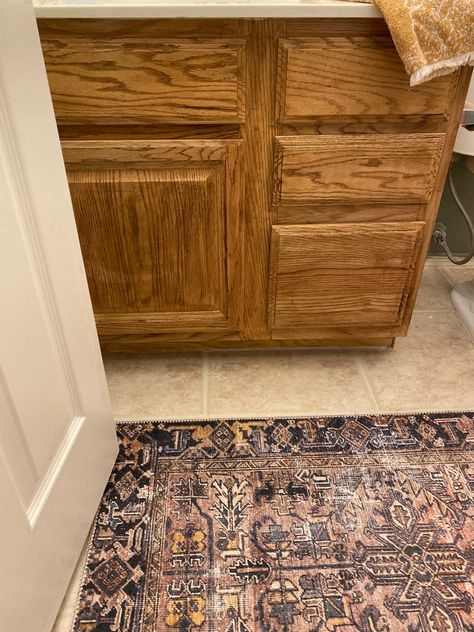 Bathroom Decor With Oak Cabinets, Brown Cabinets White Counter Bathroom, Updated 90s Bathroom, Golden Oak Bathroom Ideas, Oak Bathroom Vanity Ideas, 90s Oak Cabinets, Honey Oak Bathroom Cabinets, Bathroom With Oak Cabinets, Low Budget Bathroom Makeover