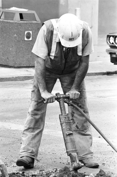 Construction Worker Breaking Up Concrete Pavement, San Francisco, 1987. Man & Jackhammer. Photo Victor Arimondi. 80s Construction Worker, Jackhammer Construction, Construction Worker Aesthetic, Worker Aesthetic, Movement Reference, Concrete Pavement, Road Workers, Warehouse Worker, 80s Photos