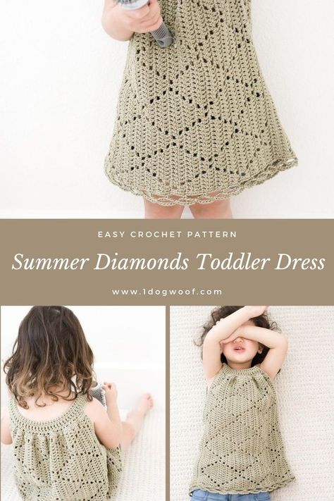 This crochet dress pattern for toddlers is soft, sweet and most importantly, comfortable! Worked in one piece, this is an easy crochet pattern for beginners. The diamond motif adds a fun texture and the cotton yarn keeps the dress light and airy for summer. It even works well as a swimsuit coverup! Grab the free crochet pattern and follow along with the detailed tutorial. Cottage Crochet, Toddler Crochet, Crocheted Clothes, Crochet Dress Girl, Crochet Garments, Crochet Wearables, Crochet Summer Dresses, Irish Crochet Dress, Crochet Toddler