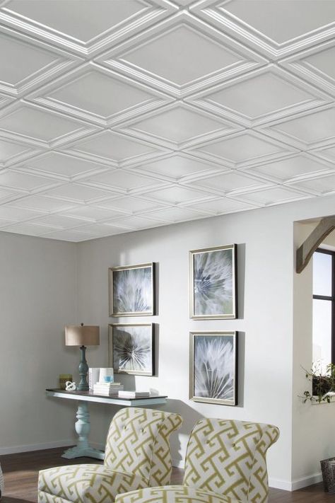 Ceiling Groove Pattern, Modern Coffered Ceiling, Ceiling Molding Ideas, Ceiling Panelling, Plastic Ceiling Panels, Embossed Ceiling, Embossed Ceiling Tiles, Drop Ceiling Panels, Ceiling Makeover