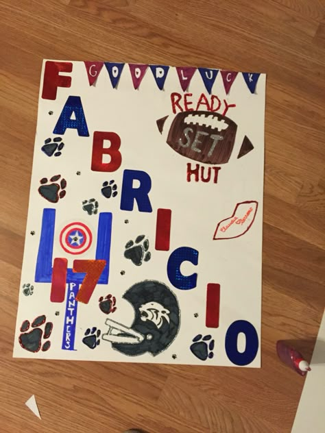 Football Poster for him ! Football Number Poster Ideas, Football Posters High School Ideas Diy, Homemade Football Posters, Flag Football Poster Ideas, Posters For Football Players, Football Player Poster Ideas, Soccer Poster Ideas For Friend, Football Homecoming Posters, Football Posters For Players