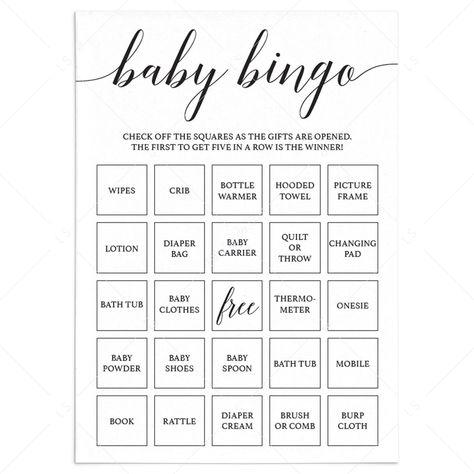 Simple Baby Shower Baby Bingo Black and White Printable Baby Shower Gift Bingo, Free Printable Bingo Cards, Blank Bingo Cards, Animal Baby Shower Games, Baby Shower Party Games, Bingo Set, White Baby Showers, Baby Bingo, Simple Baby Shower