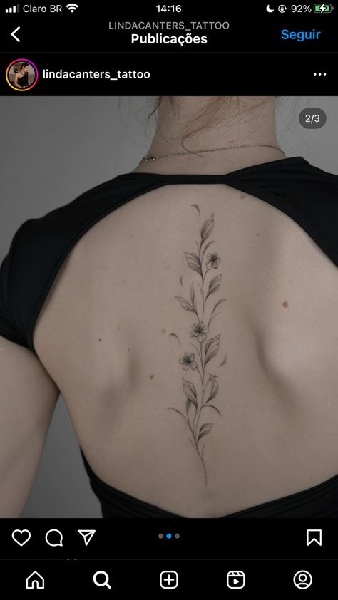 Dragon Back Tattoos For Women, Eucalyptus Spine Tattoo, Plant Spine Tattoos For Women, Plant Spine Tattoo, Spine Tatoos Woman, Back Flower Tattoo Spine, Back Tattoos For Women Spine, Back Tattoo Fine Line, Spine Tattoos For Women Flowers