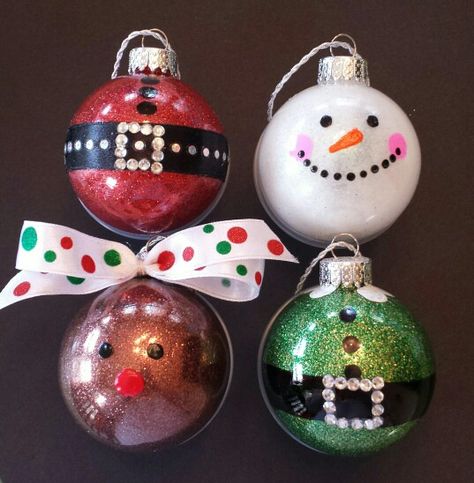 Christmas characters sparkle ornaments: Santa, Snowman, Reindeer, and Elf. Santa Glitter Ornaments, Christmas Ordiment Diy, Diy Sparkle Ornaments, Diy Ornaments Christmas Clear Bulb, Clear Ornaments Diy Christmas, Home Made Ornament, Elf Ornaments Diy, Christmas Bulbs Ornaments Diy, Reindeer Ornaments Diy