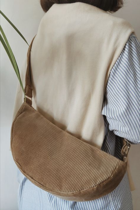 Upcycled canvas dumpling bag, Beige corduroy sling bag, Vegan crossbody bag, Small zipper bag, Trendy everyday bag, Minimalist work bag Corduroy Sling Bag, Bags From Jeans, Sling Bag Canvas, Denim Bags From Jeans, Western Wild, Cross Body Sling Bag, Bag Minimalist, Business Casual Outfit, Dumpling Bag