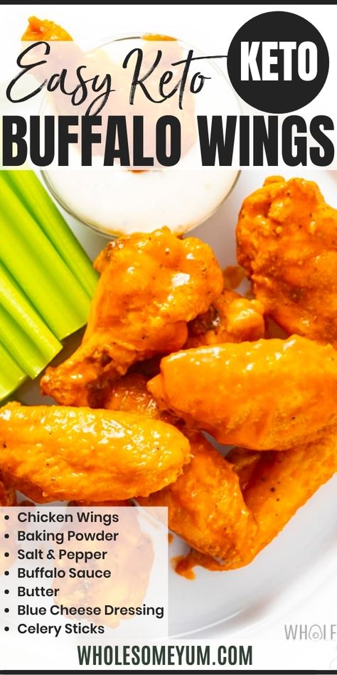 Image of Keto Baked Buffalo Chicken Wings, Celery, and blue cheese. Chicken wings, baking powder, salt, pepper, buffalo sauce, butter, blue cheese dressing, celery sticks. Wholesome Yum Keto Buffalo Wings, Air Fryer Buffalo Wings, Baked Buffalo Chicken Wings, Keto Chicken Wings, Baked Buffalo Wings, Diet Lunch, Wings Recipe Buffalo, Baked Buffalo Chicken, Buffalo Chicken Wings