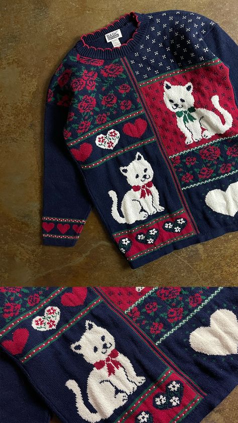 Cat Themed Outfit Aesthetic, Vintage Cat Sweater, Grandma Sweaters, Vintage Sweater Outfit, Sweater Set Outfits, 80s Inspired Outfits, Crochet Baby Sweater, Grandma Sweater, 80s Sweater