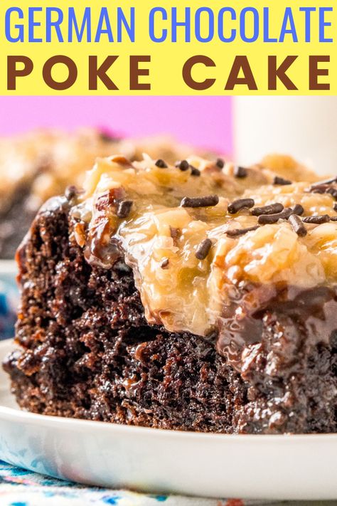 This German Chocolate Poke Cake takes the classic dessert recipe to a whole new level with a tender chocolate cake soaked in sweetened condensed milk and topped with a rich chocolate ganache and sweet coconut pecan frosting! #germanchocolatecake #pokecake #dessert #chocolatecake #coconut #pecan German Chocolate Poke Cake, German Chocolate Cake Recipe, Pecan Frosting, German Chocolate Cake Mix, Coconut Pecan Frosting, Chocolate Poke Cake, Poke Cake Recipes, Coconut Pecan, Poke Cakes