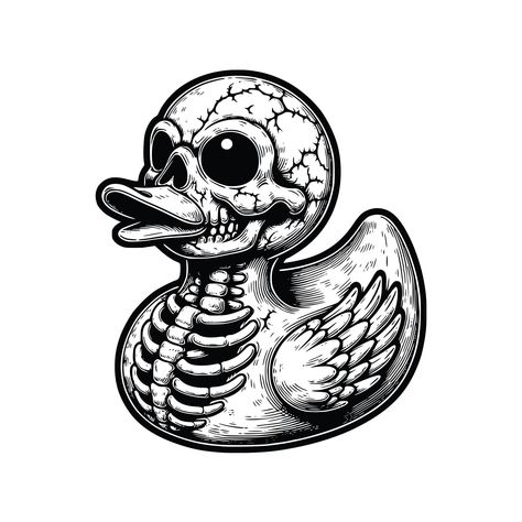 Duck Skull Tattoo, Rubber Ducky Drawing, Rubber Hose Style Art, Rubber Duck Tattoo, Cool Tattoo Stencils, Rubber Duck Drawing, Skull Outline, Trippy Skull, Free Svg Images