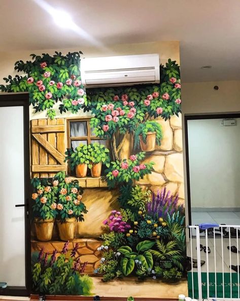 Outdoor Wall Paint, Cycle Painting, Garden Mural, Leaf Photography, Kerala Mural Painting, Watercolor Flowers Tutorial, Whimsical Fairy, Wall Painting Decor, Wall Murals Painted