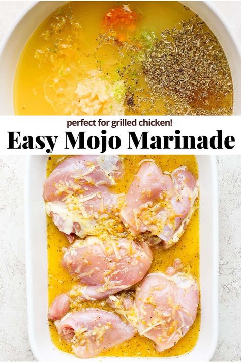 Mojo Marinade Recipe - a bright and flavorful cuban mojo marinade recipe that is perfect with grilled chicken! Easy to make and so good! #mojomarinade #mojomarinaderecipes #mojomarinadechicken #mojomarinadepork #mojomarinaderecipescubanpork Cuban Mojo Marinade, Grilled Boneless Chicken Breast, Mojo Marinade, Mojo Chicken, Cuban Chicken, Bbq Rub Recipe, Cuban Mojo, Wooden Skillet, Easy Marinades