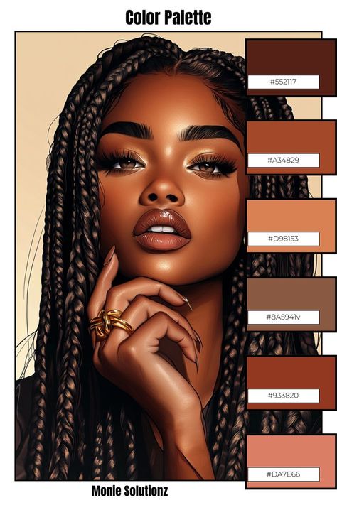 Elegant color palette artwork featuring a woman with long, intricately braided hair and a confident expression, wearing gold statement rings. The color palette includes rich, earthy tones with hex codes: deep brown (#552117), warm brown (#A34829), soft peach (#D98153), taupe (#8A5941), brick red (#933820), and dusty pink (#DA7E66). Created by Monie Solutionz, showcasing a sophisticated, natural aesthetic ideal for design inspiration. Melanin Color Palette, Skin Tone Color Palette, Skin Tone Palette, Coloring Palette, Skin Tone Color, Wardrobe Colors, Beauty Content, Warm Palette, Skin Color Palette