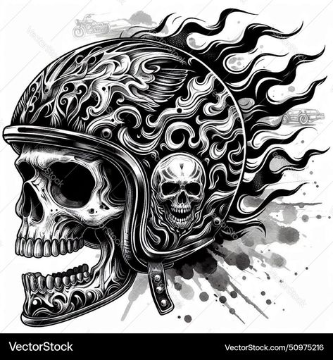 Skull With Helmet, Harley Helmets, Helmet Vector, Skull Ideas, Helmet Tattoo, Skull Helmet, Harley Davidson Tattoos, Skull Tattoo Design, Skull Art