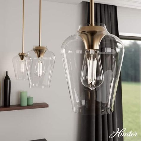 Hunter Vidria 1-Light Mini Pendant - Kitchen Island, Dining Room, Bedroom - Contemporary, Transitional - On Sale - Bed Bath & Beyond - 35995339 Bronze Island Lighting, Counter Lighting Kitchen, Master Bath Pendant Lighting, Above Island Lights, Dining Room And Kitchen Island Lighting, Light Above Island In Kitchen, Bathroom Pendant Lighting Ideas, Antique Brass Pendant Light Kitchen, Lighting For Island Kitchen