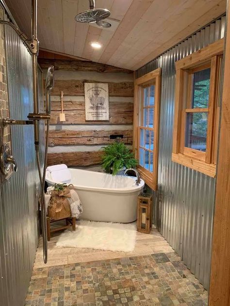 Shed To Tiny House, Cabin Bathrooms, Rustic Bathroom Designs, Bathroom Farmhouse Style, Farmhouse Front, Outdoor Bathrooms, Rustic Bathrooms, Shed Homes, Front Porches