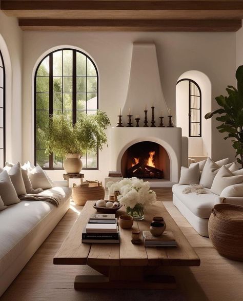 Italian Style Fireplace, Spanish Style Home Fireplace, Modern Medditerean Decor, Living Room Italian Style, Italian Style Homes Interior, Contemporary Spanish Interiors, Mantle Ideas Fireplace, Spanish Modern Living Room, Modern Spanish Living Room