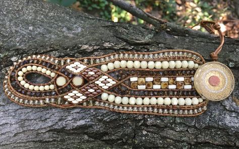 Brown Beaded Cuff Beaded Leather Bracelet Leather Cuff