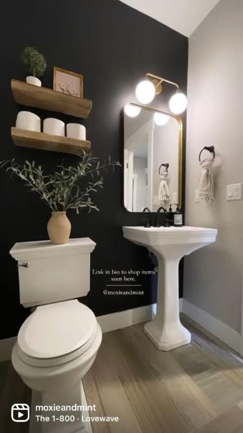 [Ad] Difficulty: Medium Paint - Sw Tricorn Black  Lighting Fixture  Mirror  Floating Shelves Find All Source Links Here: Https://Liketk.It/3Han7 #smallblackhalfbathroomideas Mirror Floating Shelves, Powder Room Ideas Elegant Modern, Black Half Bathroom, Sw Tricorn Black, Modern Half Bathroom, Small Powder Bathroom, Small Powder Bathroom Ideas, Powder Bathroom Ideas, Half Bathroom Design