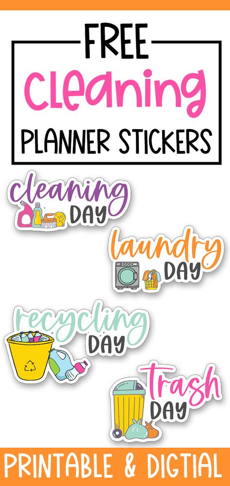 Get these fun and bright, free cleaning planner stickers and MORE for free today. You can use them with both printed planners like the Happy Planner or in a digital planner. Planner Stickers Cricut Free, Cleaning Digital Stickers, Cleaning Stickers Planner, Digital Stickers For Planner, Free Cricut Planner Stickers Svg, Free Digital Life Planner, Happy Downloads Digital Planner, Planner Svg Files Free, Printable Sticker Sheets Free Planner